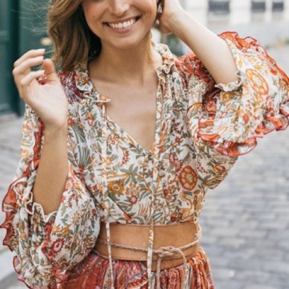 Miss June PARIS Helena boho peasant sheer floral tassel tie blouse OSFM